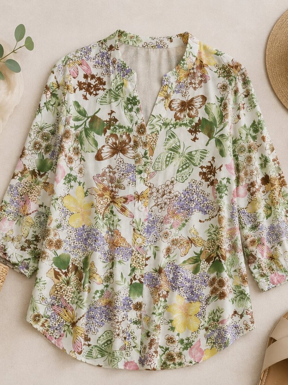 Salon Studio Floral Butterfly Button Front Cotton Blouse XL Boho